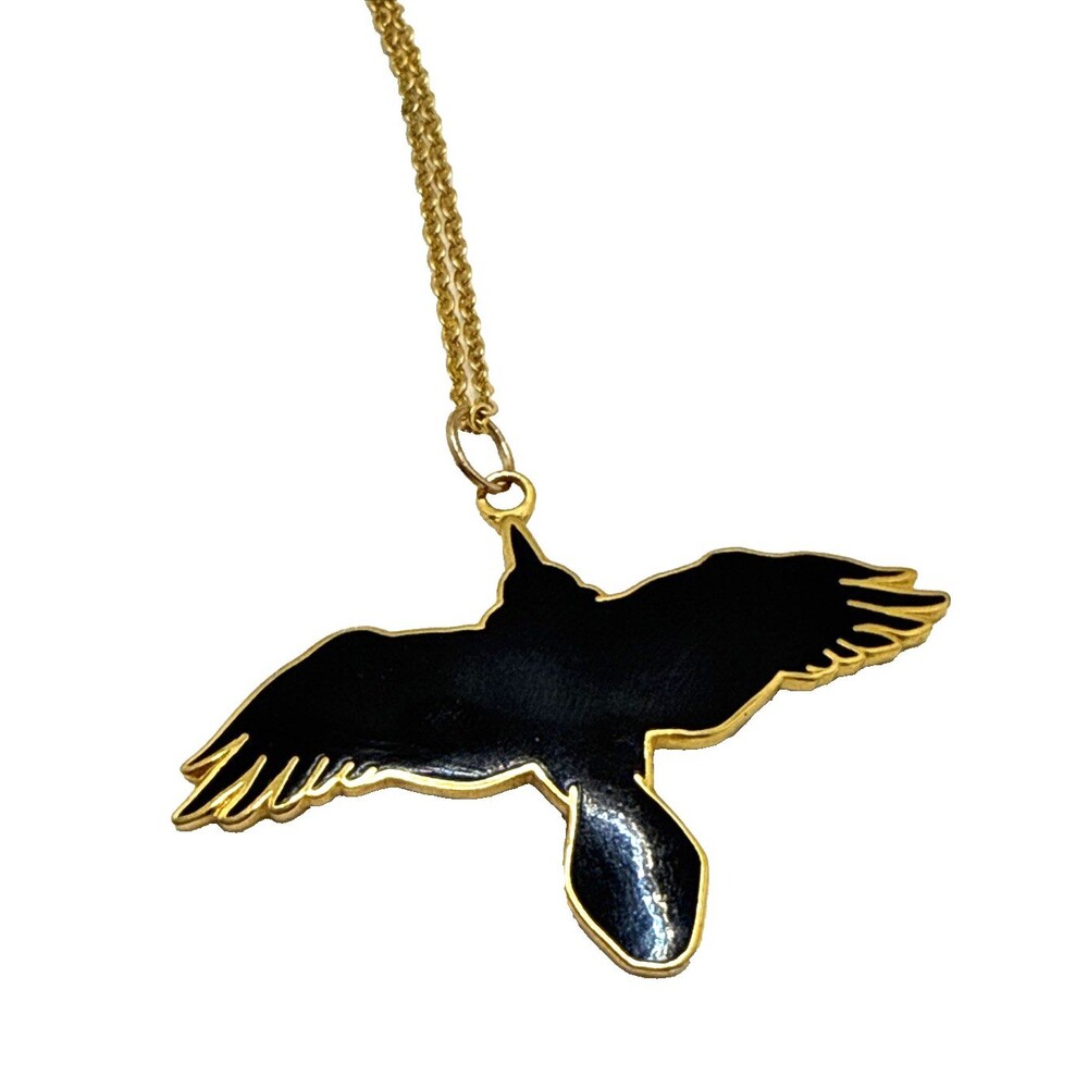 Vintage 1990 Wm Spear Design Black Bird Pendant Necklace Cloisonne Enamel 16"